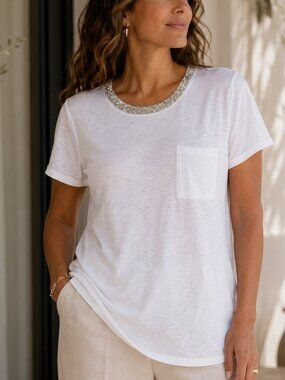 J.Crew White 100% Linen Jeweled Neck Pocket Tee Shirt Top L Coastal Quiet Luxury